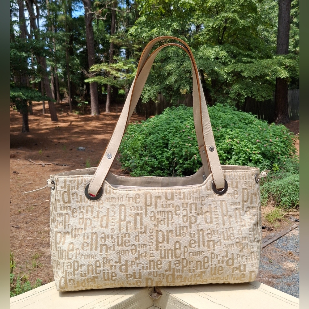Prune Logo Print Soft Cream/Tan Canvas & Tan Leather Trim Shoulder Bag - Picture 5 of 15